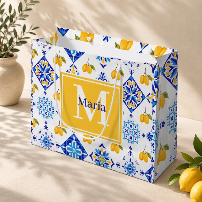Blue French Country Lemon Pattern Monogram Name Large Gift Bag (Creator Uploaded)