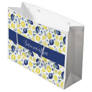 Blue French Country Lemon Pattern Monogram Name Large Gift Bag