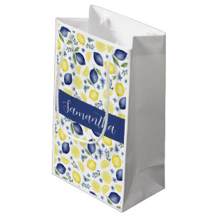 Blue French Country Lemon Pattern Monogram Name  Small Gift Bag