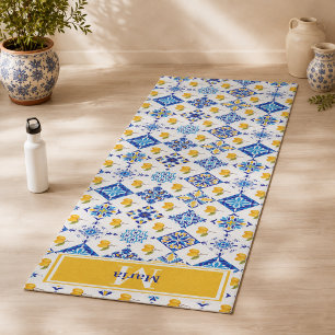 Blue French Country Lemon Pattern Monogram Name Yoga Mat