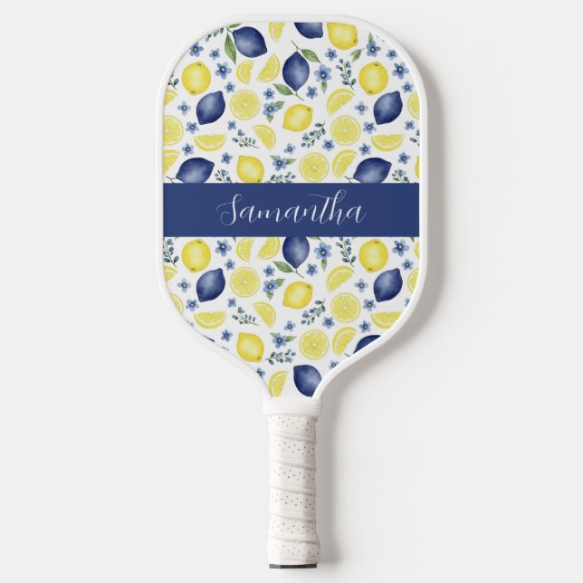 Blue French Country Lemon Pattern Name Pickleball Paddle (Front)