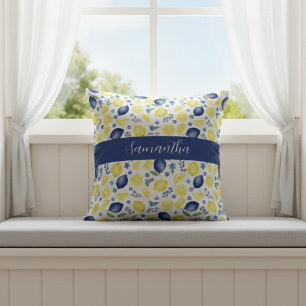 Blue French Country Lemon Pattern Name Throw Pillow