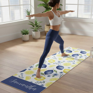 Blue French Country Lemon Pattern Name  Yoga Mat