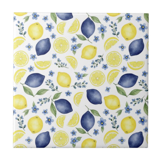 Blue French Country Lemon Pattern Tile (Front)