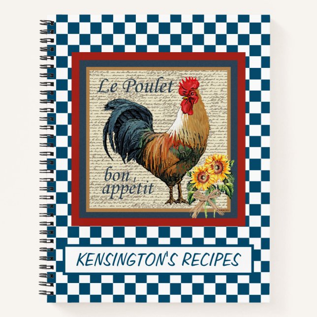 Blue French Country Rooster Recipe Notebook (Front)