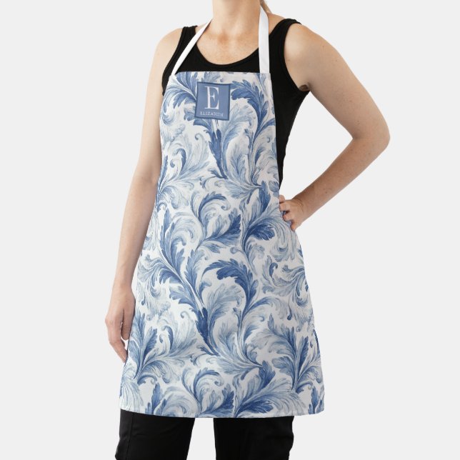 Blue French Country Toile Pattern Monogram Apron (Insitu)