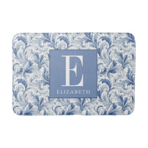 Blue French Country Toile Pattern Monogram Bath Mat