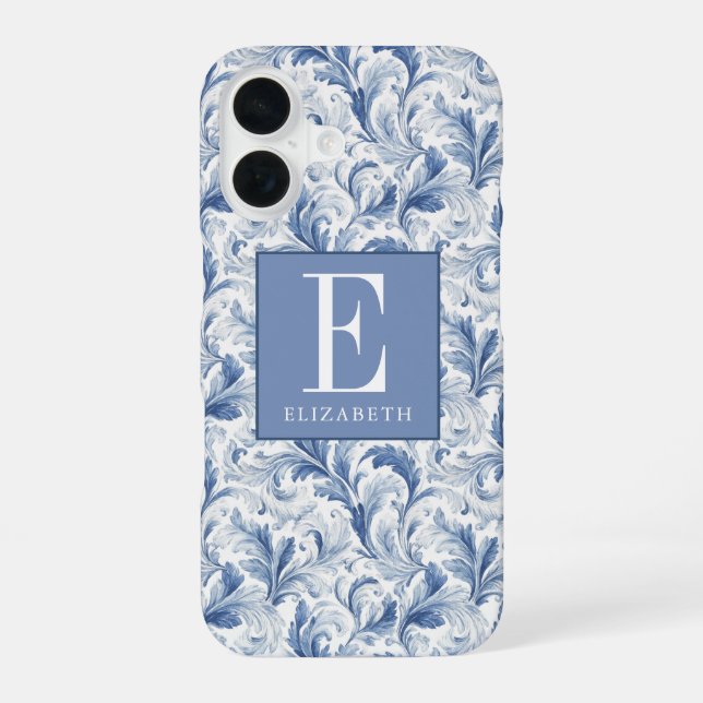 Blue French Country Toile Pattern Monogram iPhone 16 Case (Back)