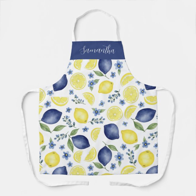 Blue French County Lemon Pattern Monogram Name Apron (Front)