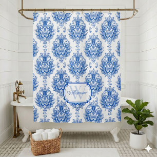 Blue French Damask Toile Pattern Name Monogram
