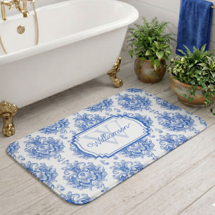 Blue French Damask Toile Pattern Name Monogram Bath Mat