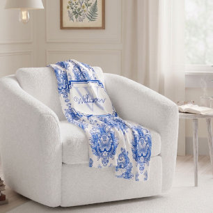 Blue French Damask Toile Pattern Name Monogram Fleece Blanket