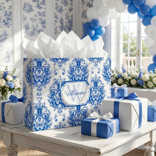 Blue French Damask Toile Pattern Name Monogram Large Gift Bag