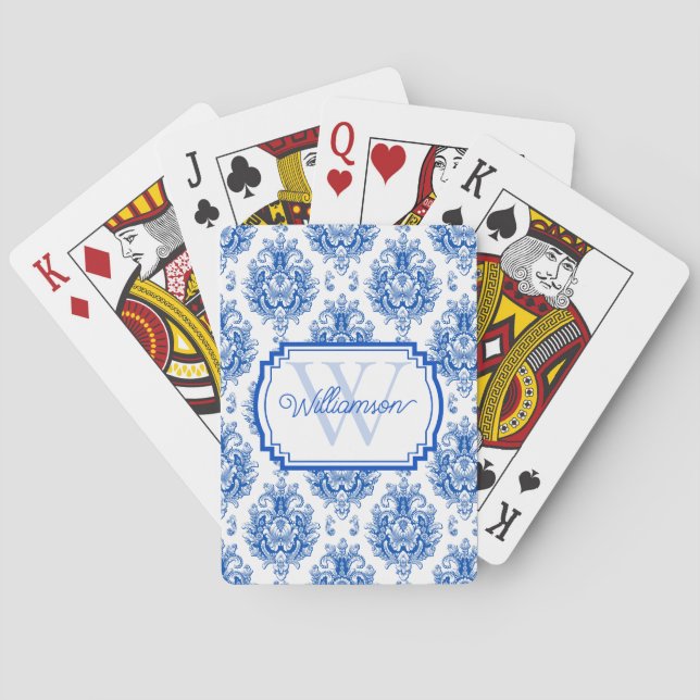 Blue French Damask Toile Pattern Name Monogram Playing Cards (Back)