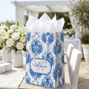 Blue French Damask Toile Pattern Name Monogram Small Gift Bag