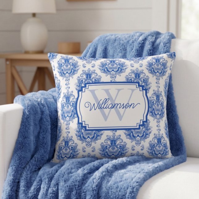 Blue French Damask Toile Pattern Name Monogram Throw Pillow (Creator Uploaded)