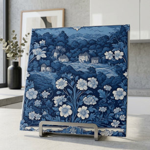 Blue French Floral Toile De Jouy Botanical Scenery Tile