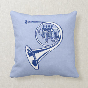 Blue French Horn Art Throw Pillow