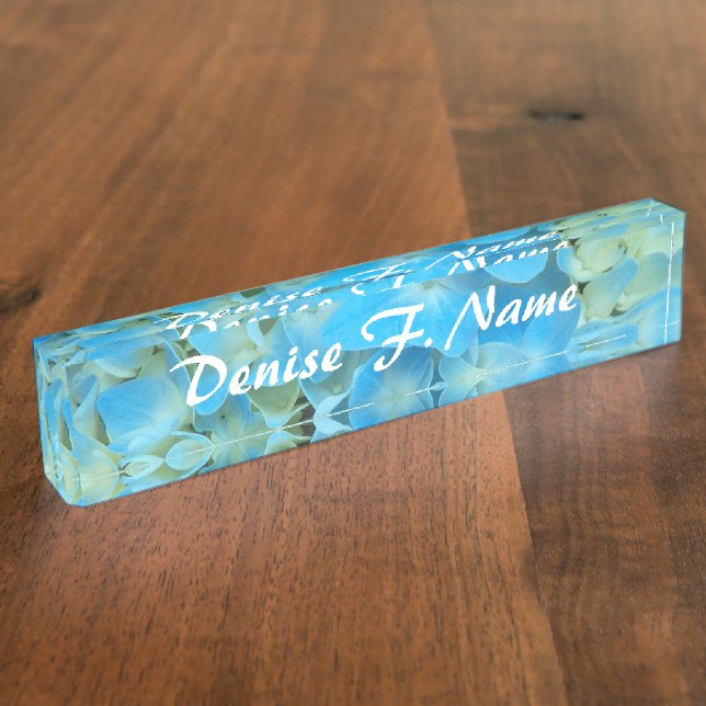 Blue French Hydrangea Personalized Floral Nameplate (Side)