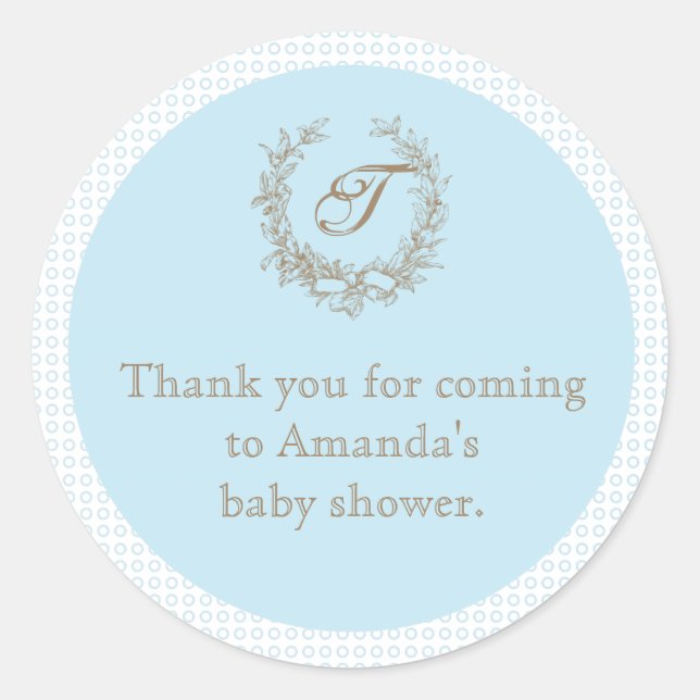 Blue French Monogram Baby Shower Favour Sticker (Front)