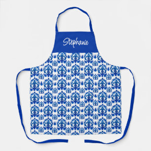 Blue French Tile Pattern Custom Name Apron