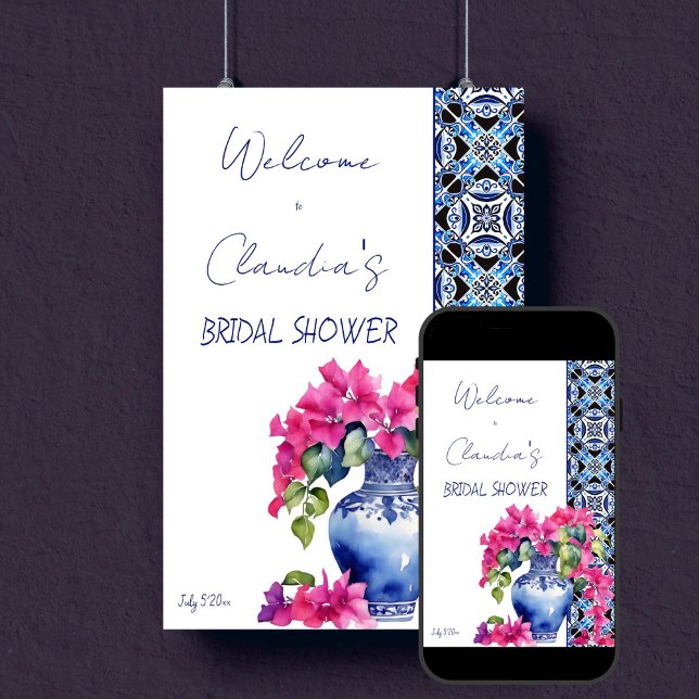 Blue French Tiles Bougainvillea bridal shower Poster (Blue French Maiolica Tiles Bougainvillea Mediterranean bridal shower welcome sign Poster template)
