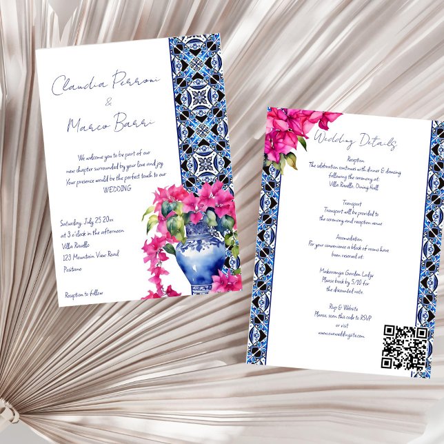Blue French Tiles Bougainvillea elegant wedding  Invitation (Blue French Mediterranean Tiles Bougainvillea elegant all in one wedding Invitation template digital)