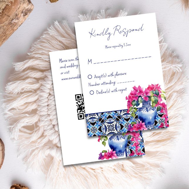 Blue French Tiles Bougainvillea elegant wedding RSVP Card (Blue French Tiles Bougainvillea elegant wedding RSVP Card)