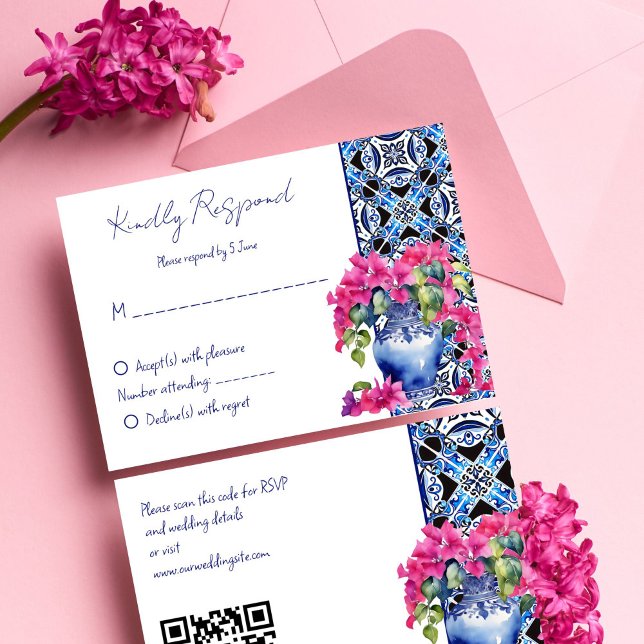 Blue French Tiles Bougainvillea elegant wedding RSVP Card (Blue French Mediterranean Majolica Azulejo Tiles Bougainvillea vase elegant wedding QR RSVP Card)