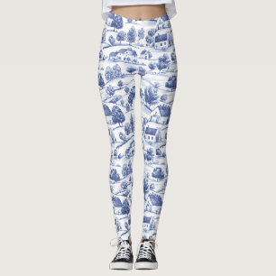 Blue French Toile Countryside Pattern Leggings