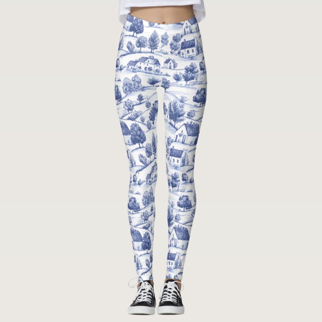 Blue French Toile Countryside Pattern Leggings (Front)