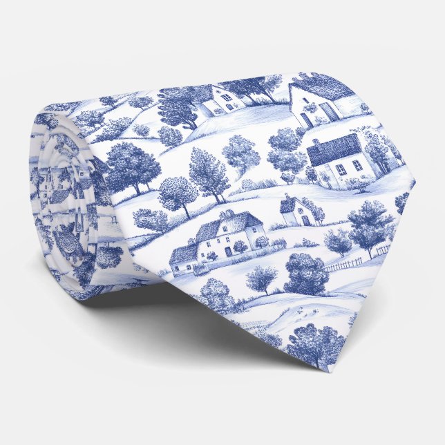Blue French Toile Countryside Pattern Tie (Rolled)