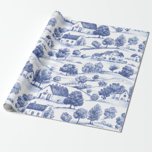 Blue French Toile Countryside Pattern Wrapping Paper