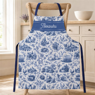 Blue French Toile Countryside Rose Branch Name Apron