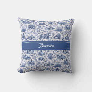 Blue French Toile Countryside Rose Branch Name Throw Pillow