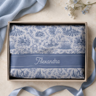 Blue French Toile Countryside Rose Branch Name Tissue Paper