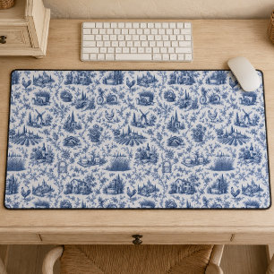 Blue French Toile Countryside Rose Branch Pattern Desk Mat