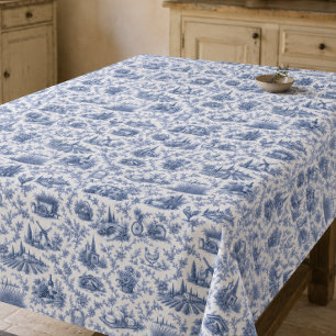 Blue French Toile Countryside Rose Branch Pattern Tablecloth