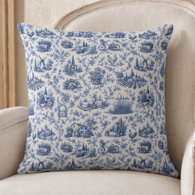 Blue French Toile Countryside Rose Branch Pattern  Throw Pillow (Creator Uploaded)