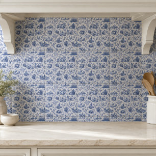 Blue French Toile Countryside Rose Branch Pattern Tile
