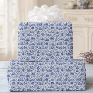 Blue French Toile Countryside Rose Branch Pattern  Wrapping Paper