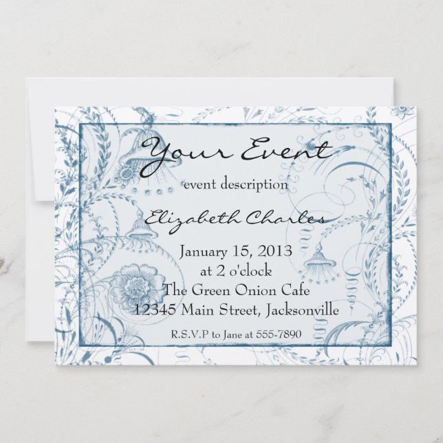Blue French Toile Custom Invites Version 2 (Front)