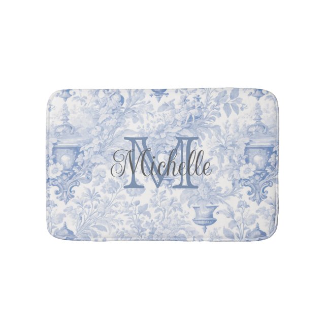 Blue French Toile de Jouy Monogram Initial Name Bath Mat (Front)