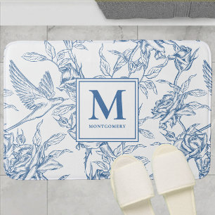 Blue French Toile de Jouy Monogram Name Bath Mat
