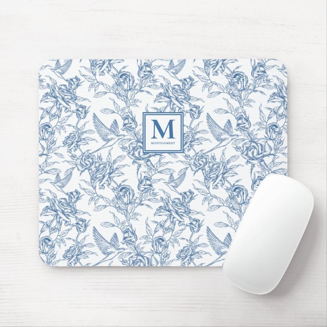 Blue French Toile de Jouy Monogram Name Mouse Pad (With Mouse)