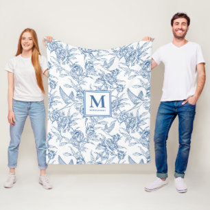Blue French Toile de Jouy Name Fleece Blanket