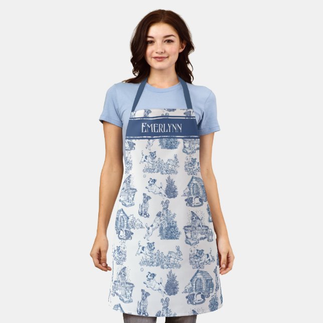 Blue French Toile Dog Lover Design Apron (Worn)