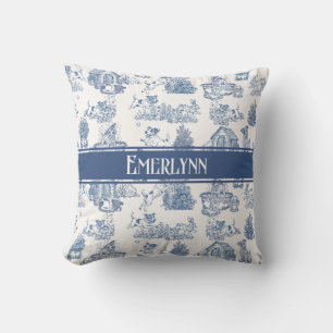 Blue French Toile Dog Monogram Accent Throw Pillow