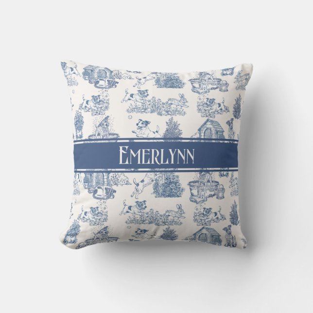 Blue French Toile Dog Monogram Accent Throw Pillow (Front)