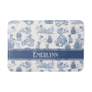 Blue French Toile Dog Monogram Decor Bath Mat